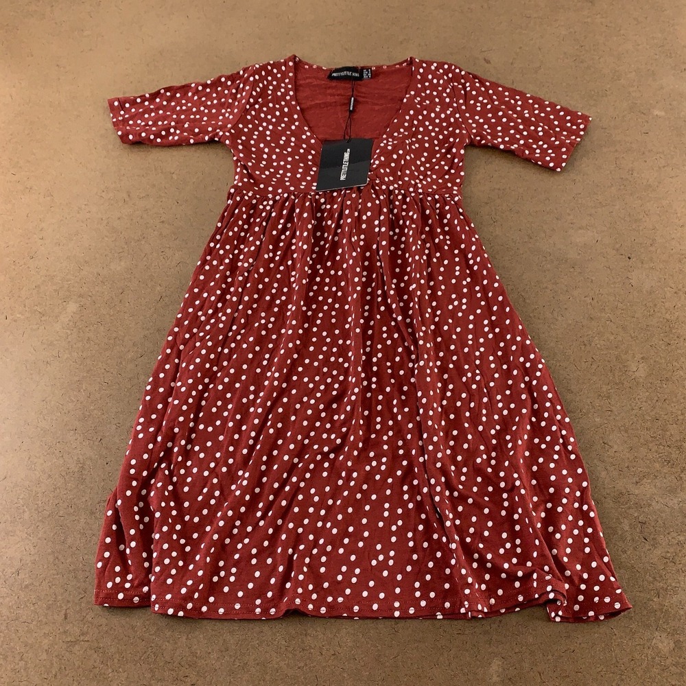 Pretty Little Thing Women's Size 2 Terracotta Polka Dot Wrap Tea Dress NWT